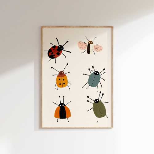 Cute Bugs Nursery Wall Art Print, Kids Insect Digital Download, Gender Neutral Baby Room Decor, Playroom Print, Eclectic Nursery