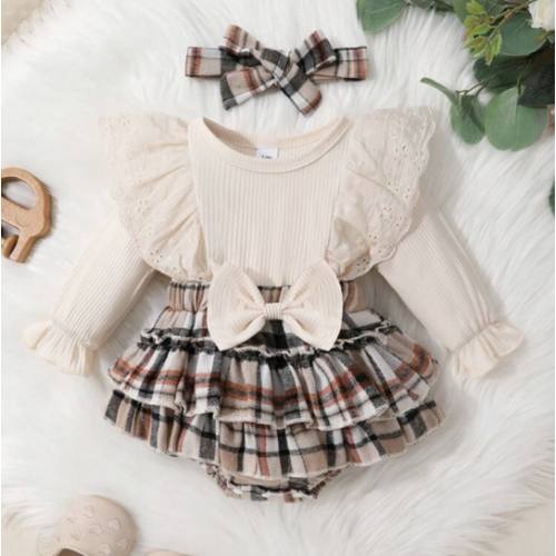 2-Piece Set Of Sweet And Cute Baby Girl Lace Border Bow Splicing Plaid Dress Jumpsuit, Headband Set, Soft, Comfortable And Breathable