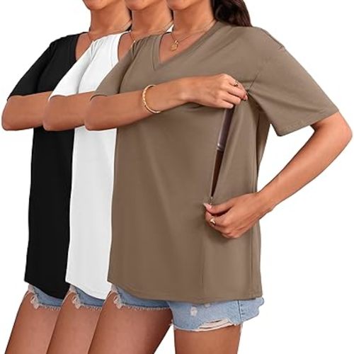 3 Pack Women's Oversize Nursing Shirts for Breastfeeding with Hidden Zippers Loose Fit Short Sleeve Maternity Tops