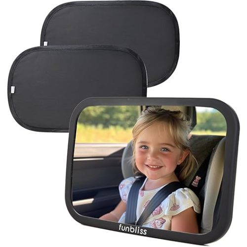 Funbliss Baby Car Mirror + 2-Pack Car Window Shades Bundle -100% Shatterproof, Wide Angle Convex