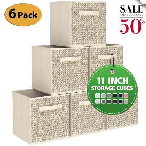 Werseon 11 Inch Storage Cubes with Handle, Set of 6 Foldable Cube Storage Bins, Collapsible Fabric Storage Boxes for Organizing Closet Bins-Beige