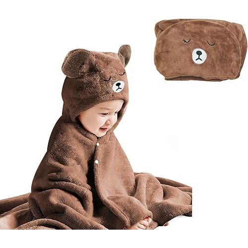 Toddler Bath Towel Baby Towels with Hood 27.5"X55" Ultra Absorbent Soft Bathrobe Blanket Kids Shower Towel for Girls and Boys(Brown Bear)