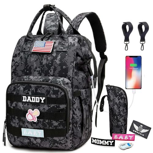Camo Diaper Bag Backpack for Dad and Mom with USB Charging Port Stroller Straps and Insulated Pocket,army military Travel Nappy Backpack (DADDY and MOMMY patches)