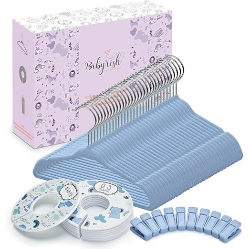 Unisex Nursery Closet Organizer Set - 30X Velvet Hangers for Baby Clothes with 8X Closet Size Dividers (Newborn Infant to Toddler) and 10X Hanger Clips - All in Cute Box (Blue)