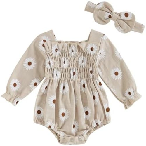 Newborn Baby Girls Daisy Romper Long Sleeve Pleated Smocked Bubble Ruched Jumpsuit Bodysuit Fall Winter Clothes