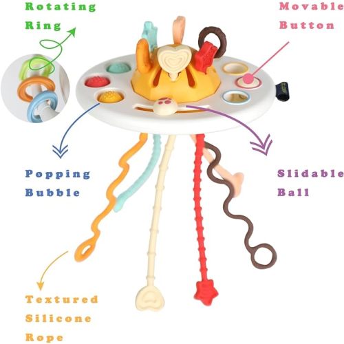 TinyWiz Montessori Toys for 1+ Year Old, Pull String Sensory Toys for Toddlers 1-3, Food Grade Silicone Fidget Infant Babies Birthday Gifts for Boys Girls 12-18 Months - UFO