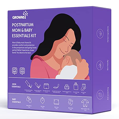 Grownsy Postpartum Mom & Baby Essential Kits, Postpartum Recovery Kit for Labor &Delivery with Hospital Essentials for Women After Birth with PERI Bottle, Herbal Cooling Spray, Herbal Cooling Liner