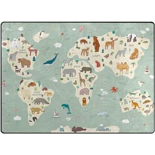 Vantaso Soft Foam Area Rugs World Map Animals Non Slip Play Mats for Kids Boys Girls Playing Room Living Room 80x58 inch