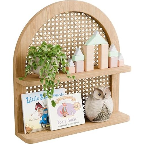 Rattan Wall Shelf Boho Nursery Decor, 2-Tier Arched Woven Natural Wood Wicker, 16''L Neutral Handcrafted Rattan Nursery Shelf, Decorative for Living Room, Bedroom & Bathroom