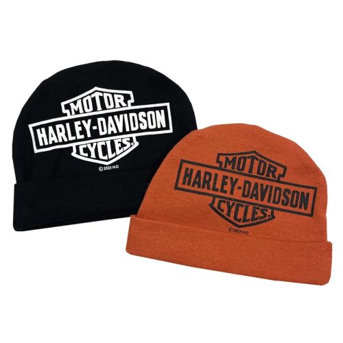 Harley-Davidson Baby Boys' 2 Pack Bar & Shield Rib Knit Beanies, Black/Orange