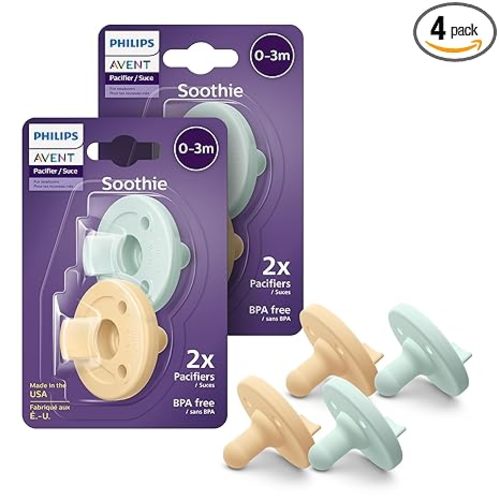 Philips Avent Soothie Orthodontic Baby Pacifiers, 100% Silicone Pacifiers, One Piece, BPA-Free, for Babies 0-3 Months, 2 Green and 2 Yellow, 4 Pack, Model SCF190/71