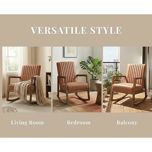 CIMOTA Leather Modern Rocking Chair Mid Century Armchair Upholstered Arm Chair with Padded Seat/Wood Frame, Comfy Rocker for Living Room/Bedroom, Retro Brown PU