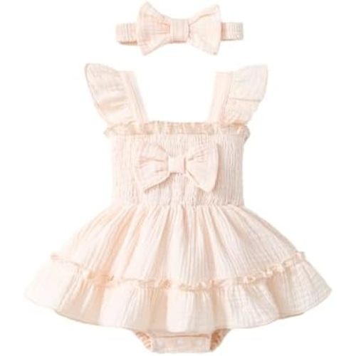 Megeoly Newborn Baby Girl Summer Clothes Sleeveless Smocked Romper Dress Ruffles Jumpsuit Bodysuit with Bow Headband