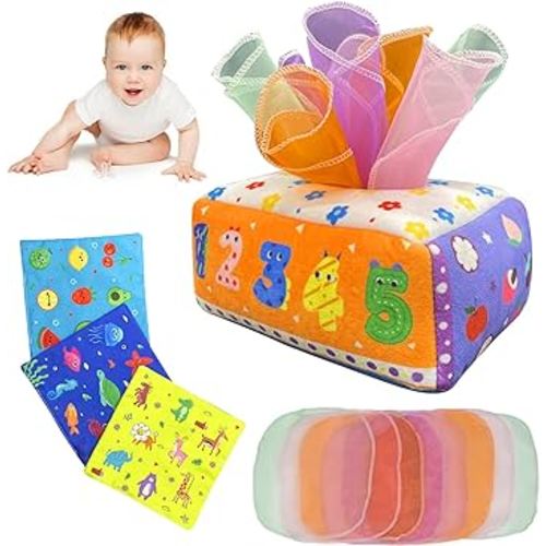 Ushomin Baby Tissue Box Toy, Montessori Toys for Babies 6 to 12 Months, Tissue Box Baby Gifts with Soft Silk Scarves and Crinkle Paper, Sensory Tissue Box Baby Toy for 1 Year Old Kids