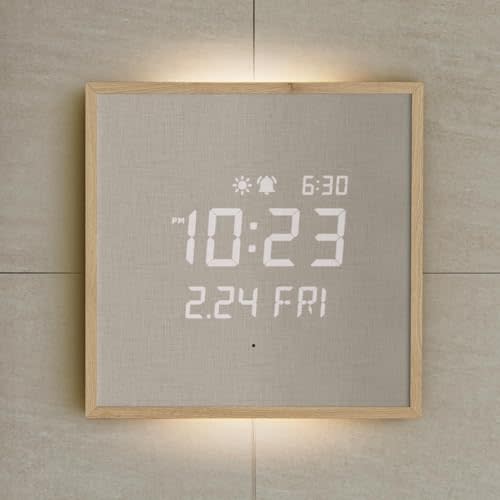 mooas Wooden Frame LED Silent Wall Clock with Remote, Backlit Nightlight, Modern Digital LED Wall Clock Display Sunrise Alarm Melody 5 Brightness for Bedroom Living Room (Wooden Frame Light Brown)