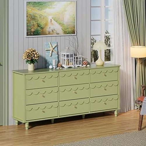Anbuy Green 9 Drawer Dresser for Bedroom, Modern Wide Long Chest of Drawers Wood, Scalloped Organizer Storage with Drawers, Fluted Petal Pattern Large Storage Cabinet for Bedroom, Living Room, Porch