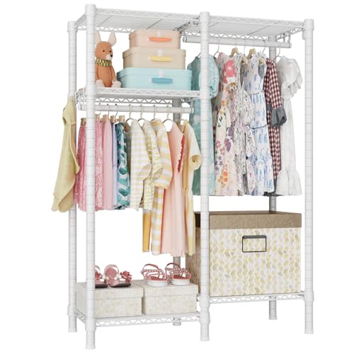 Ulif F1 Garment Rack for Kids, Baby, Students, and Children's Room, 4 Tiers Freestanding and Portable Heavy Duty Closets, Small Metal Clothes Rack with 2 Hanging Rod, 31.2" W x 11.8" D x 48" H, White