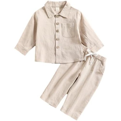 Baby Boys 2 Pieces Clothes Set Toddler Kids Button Down Long Sleeve Collar Shirts and Elastic Waist Pants Outfits