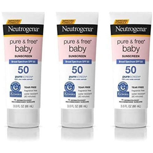 Neutrogena Pure & Free Baby Mineral Sunscreen Lotion with Broad Spectrum SPF 50 & Zinc Oxide, Water-Resistant, Hypoallergenic & Tear-Free Baby Sunscreen, 3 fl. oz, 3 pk