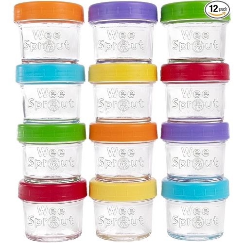 WeeSprout Glass Baby Food Storage Jars w/Lids (4 oz, 12 Pack Set) Snack, Puree, Reusable Small Containers, Breast Milk, Fridge or Freezer, Microwave & Dishwasher Safe, Essential Must Have for Infants