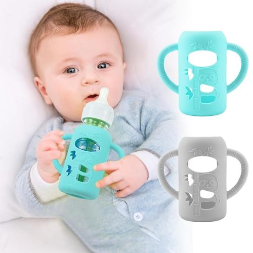 2 Pack Silicone Sleeves for Dr. Brown's Glass Baby Bottles, Anti Breakage Durable Baby Bottle Holder with Easy Grip Handles, Narrow Sleeve with a Cutout, Dishwasher/Freezer/Microwave Safe, 4 oz