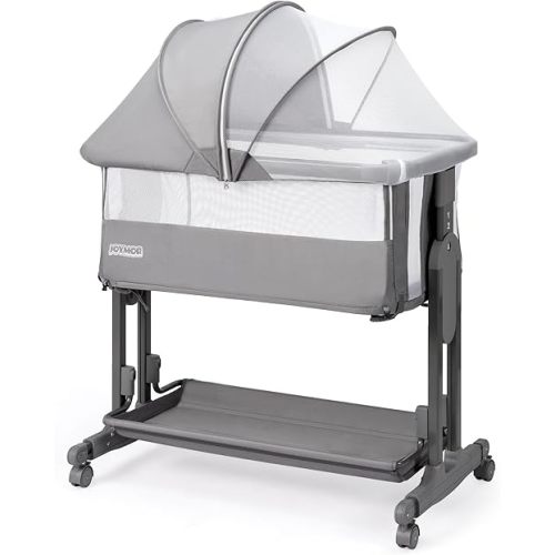 JOYMOR Baby Bassinet Bedside Sleeper, 4 in 1 Rocking Bassinet for Baby, 7 Height Adjustable, Bedside Bed with Wheels Mattress, Mosquito Net, Storage Basket for Infant