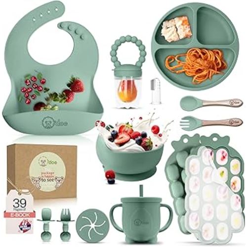 O'doe Baby Weaning Set – 15 Pcs Silicone Baby Feeding Set with Suction Plate, Bowl, Bib, Sippy Cup, Fruit Feeder, Freezer Tray