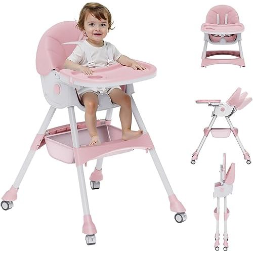 Sillas altas para bebés y niños pequeños, silla alta convertible 4 en 1, silla alta portátil para viajes con altura y respaldo ajustables, silla alta plegable con ruedas y cojín de poliuretano