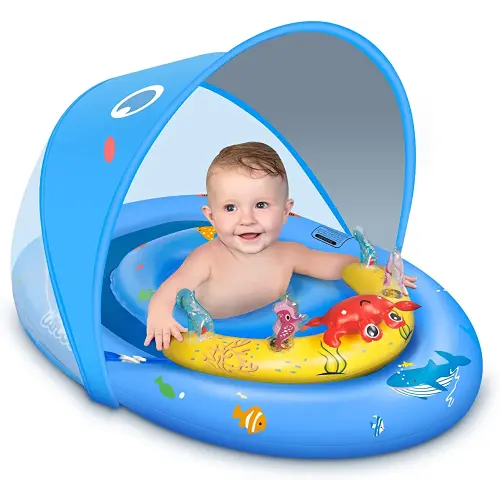 LAYCOL Baby Pool Float with UPF50+ Sun Protection Canopy and Toy Play Console for Infant, Toddler, Adjustable Safety Seat for 3-36 Months