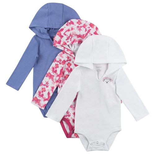 Hanes Baby Girls Bodysuits, Ultimate Flexy Hoodie Infant Long Sleeve 3-pack, Purple/Pink, 0-6M US