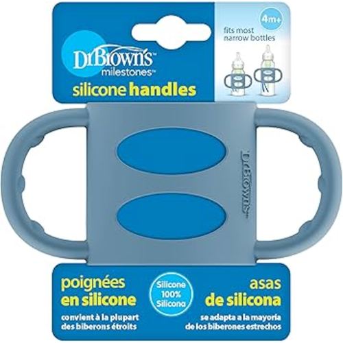 Dr. Brown's Narrow Baby Bottle Handles, 100% Silicone, Easy Grip Removable Handles for Bottle to Sippy Cup Transition, Blue, 4m+