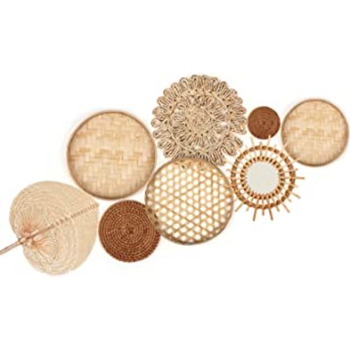 Unittype Wall Basket Decor Set of 8 Boho Wicker Wall Handmade Decor with Rattan Mirror Farmhouse Woven Wall Hanging Basket Decor for Bathroom Bedroom Living Room