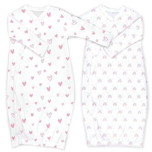 Cambria Baby 100% Organic Kimono Gowns. Side Snaps with Built in Mitts. (Hearts and Rainbows, 0-6 Months)
