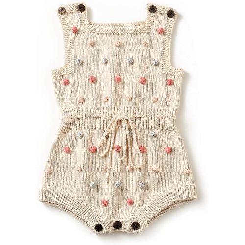 Simplee kids Baby Girl Kint Romper Fall Sleeveless Pompoms Rompers Newborn Little Girl Overall Jumpsuit Outfits - 6-12 Months - A-apricot