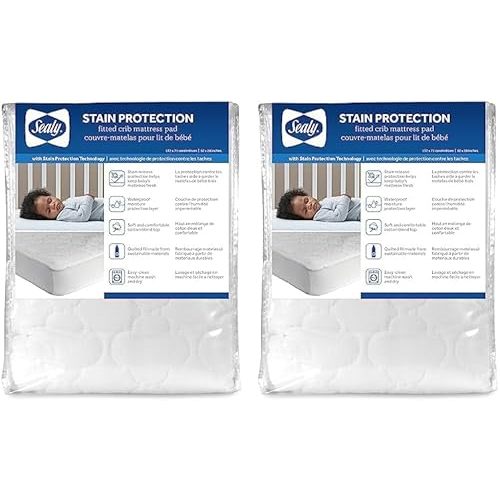 Sealy Baby Stain Protection Fitted Waterproof Infant Crib Mattress Protector Pad and Toddler Bed Cover, Durable and Comfortable Topper, Machine Washable and Dryer Friendly, 52” x 28”- White