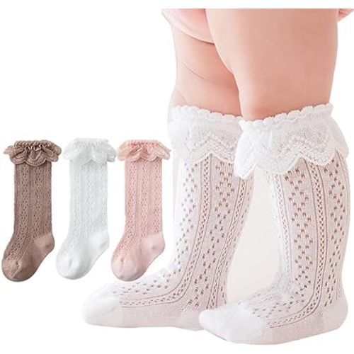 Baby Knee High Socks Non Slip Grip Ankle Socks Ruffled Long Stockings for Infants Toddlers Kids Boys Girls