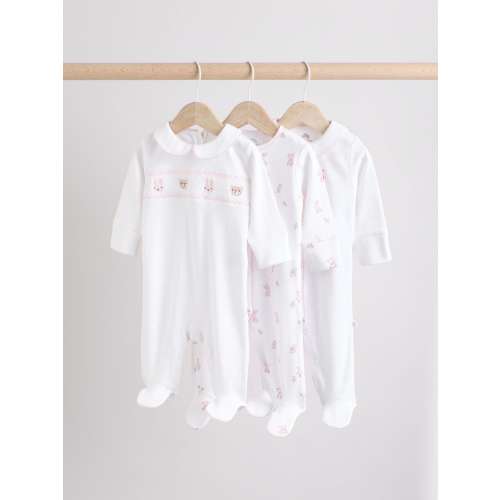 White Baby Collar 100% Cotton Sleepsuits 3 Pack (0-2yrs)