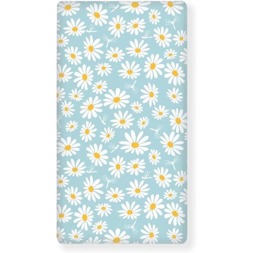 Daisy Flower with Dragonfly Fitted Crib Sheet for Girls Cute Floral Baby Sheet for Standard Crib and Toddler Blue White Nursery Bed Mattress Sheets 28"x52"