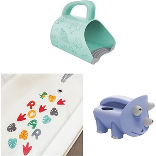 Dr. Brown's CleanUp Dino-Pour Bath Rinse Cup, 0m+ with Sit & Splash Non-Slip Bath Stickers, 15 Count, Dino Design, and Pour & Roar Watering Can, 6m+, BPA Free, Certified Plastic Neutral