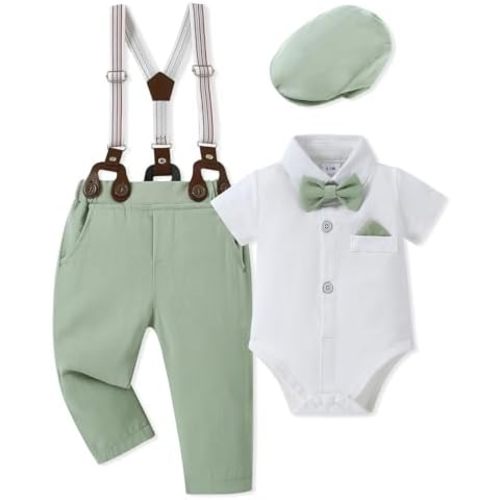 WESIDOM Baby Boy Clothes Suit 0-24M Infant Gentleman Wedding Outfit, Shirt+Bowtie+Beret+Suspender Pants Clothing Set