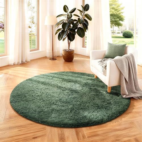 Ophanie Round Rug 4Ft Grey Green Circle Area Rug, Grayish Green Room Decor, Fluffy Fuzzy Bedroom Carpet, Plush Soft Shaggy Living Room Rugs for Kids Home Aesthetic, Nursery