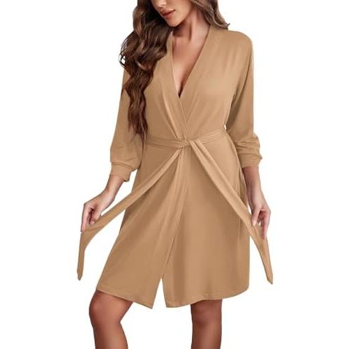 Ekouaer Women's Robe Lightweight 3/4 Sleeve Knit Bathrobe Soft Knee Length Sleepwear Robes with Pockets S-XXL