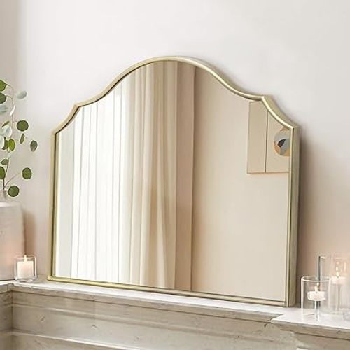 Besdomus Gold Scalloped Wall Mirror: 32"x24" Bathroom Mirror - Modern Minimalist Dresser Wall Mirrors for Mantel/Bedroom/Entryway/Hallway/Living Room - Home Decor for Small Apartment
