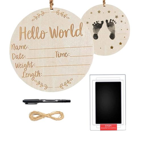 Baby Announcement Sign, Double Side Wooden Birth Announcement Sign for hospital Hello World Newborn Sign with Ink Pad for Baby Hand and Footprints Baby Photo Props for Newborn Boys and Girls