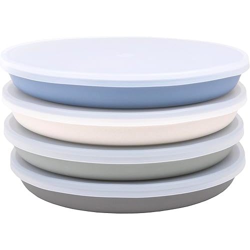 WeeSprout Bamboo Plates with Lids, Set of 4 Bamboo Plates for Kids, Kid-Sized Design, Bamboo Kids Plates with Lids for Leftovers, Dishwasher Safe (Blue, Green, Gray, & Beige)