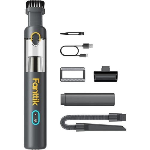Fanttik Slim V8 Mate Cordless Car Vacuum Suction Power 12000Pa, Portable Mini Vacuum with Flexible Hose and Pet Brush, Type-C Charge, Portable for Car, Office Desk, Keyboards, Gray