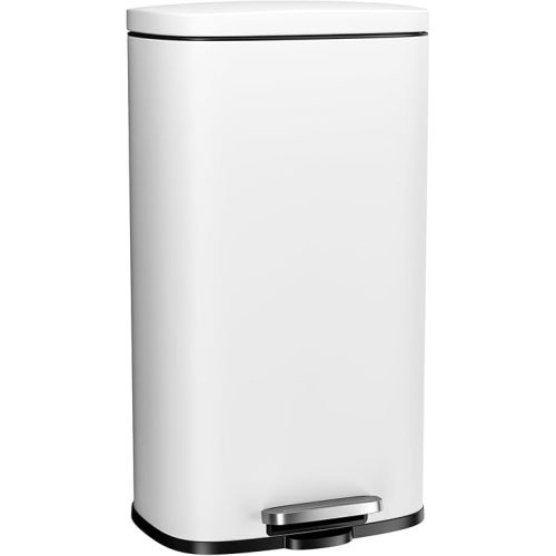 Arlopu 8 Gallon Step Trash Can, Stainless Steel Garbage Bin, Soft-Close Rubbish Bin with Removable Plastic Inner Bucket, Fingerprint-Proof, Lid Dustbin, Suit for Kitchen Home (White, 30L)