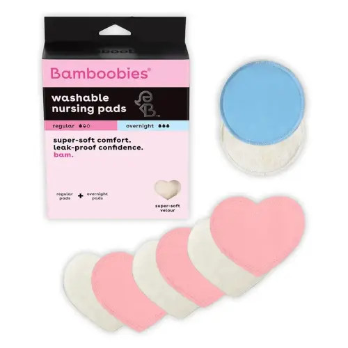 Bamboobies Nursing Pads, Ultra-Soft Velour, Reusable, Washable & Leak-Proof, 6 Ultra-Thin and 2 Overnight Pads for Breastfeeding