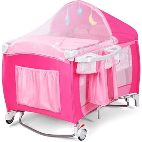 Costzon 4 in 1 Pink Pack and Play with Bassinet, Portable Baby Playard with Adjustable Canopy, Side Zipper Entrance, Music Box, Wheels/Brake, Foldable Infant Pink Bassinet for Baby Girl Toddlers