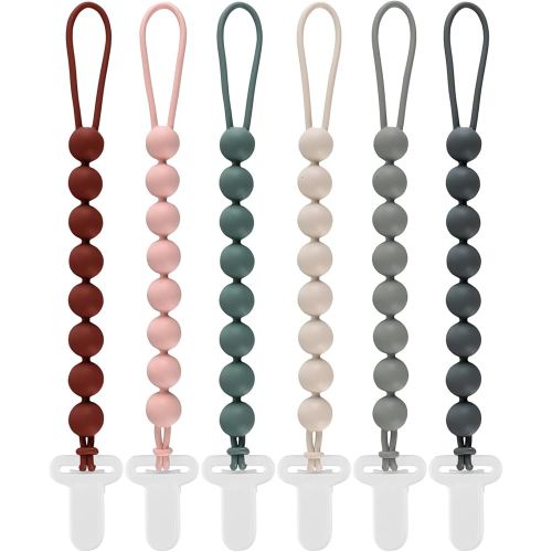 6-Pack Silicone Pacifier Clips for Babies, Safe Teething Beads, Rust-Free Holders, Baby Boy and Girl Essentials, Newborn Must-Have Accessories, BPA-Free
